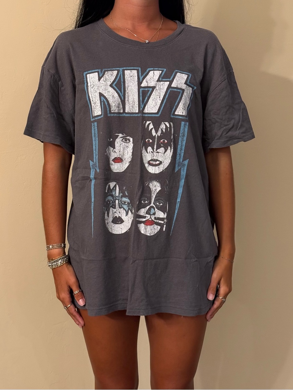 Kiss Short Sleeve Oversized Graphic Tee in Charcoal with Blue Accents